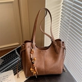 Vintage brown leather tote bag with adjustable strap and colorful beaded tassel detail - Brown (With Pendant)