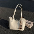 Creamy white vintage tote bag with wooden bead charm and long adjustable straps - Off-White (With Pendant)