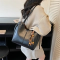 Retro black oversized tote bag with wooden bead tassel and contrast stitching details - Black (With Charm)