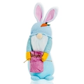 Detail of Easter gnome plush with blue knit hat, bunny ears and carrot ornament decor - Blue
