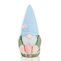 Dettaglio di gnomo pasquale con cappello blu a maglia e corpo in tela verde con uovo - Stile Cappello Blu