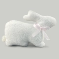 Plush white sherpa fleece Easter bunny pillow with a soft pink silk bow tie decoration - Crouching Bunny Style