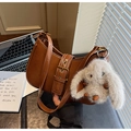 Brown vintage hobo bag with a large metal buckle and a cute plush rabbit pendant - Brown with Pendant