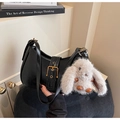 Retro black leather half-moon shoulder bag with gold buckle and plush rabbit charm - Black with Pendant