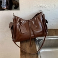 Deep brown glossy faux leather tote bag with drawstring detail and metallic hardware - Brown