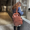 Classic dark brown PU leather backpack for men and women shown in a city street setting - Red Brown