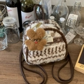 Mini plush backpack in brown and white plaid with cute bear charm and leather straps - White with Pendant