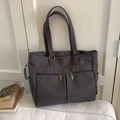Dark grey large canvas tote bag with multiple pockets and shoulder straps for women - Dark Brown
