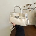Creamy white luxury mini bucket bag with silver clasp and adjustable shoulder strap - Purple