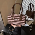 Bolso Boston de felpa a rayas rosa y marrón con asas de cuero y parche de Love - Material de felpa / Café Antelina