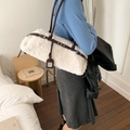 Chic beige faux fur shoulder bag with brown leather straps and square charm - White