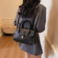 Retro black leather handbag with golden heart lock and thin shoulder strap for women - Black
