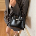 Classic black patent leather tote bag with silver turn-lock and double top handles - Black