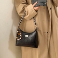Black quilted hobo bag with silver chain strap and colorful beaded bear charm - With Charm / Dark Brown