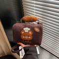 Vintage brown suede pillow bag with bread-shaped handle and cute bear patch embroidery - Brown