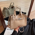 Elegant khaki and bean green faux leather tote bags with metal buckles and detachable straps - Khaki