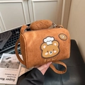 Brown faux suede barrel bag with cute teddy bear embroidery and fuzzy plush handles - Brown
