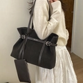 Fashionable dark brown tote bag with white contrast stitching and a small pouch - Brown