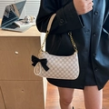 Beige PU shoulder bag with black M monogram print and chain strap with bow charm - White