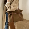 Brown wool tote bag with leather straps and mini pouch hanging from the handle - Caramel color