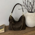 Dark brown suede underarm bag with golden chain detail and a small envelope charm - Brown