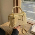 Beige straw vanity case bag with gold chain strap and pearl pendant detail - Khaki