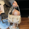 Beige patent leather shoulder bag with glossy finish and adjustable crossbody strap - Khaki