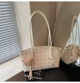 Beige and light brown checkered tote bag with a plush bear charm and knotted straps - Off White