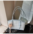 Blue and white gingham tote bag with cute brown plush bear charm and slim handles - Blue