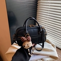 Black pebbled leather pillow bag with white stitching and cute teddy bear charm - Black with Pendant