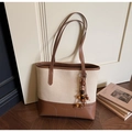 Beige canvas tote bag with brown leather trim and decorative wooden bead tassel - With Charm / Off White