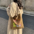Brown suede tote bag with cartoon animal patches and leather shoulder straps - Brown