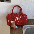 Red retro pillow bag with white star pattern, horse embroidery and plush charm - With Plush Horse Charm / Red