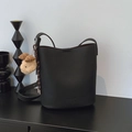 Retro black lychee leather bucket bag with cute bear charm and adjustable shoulder strap - With Pendant / Premium Black