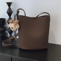 Dark brown leather bucket bag with litchi texture and cute teddy bear pendant - With Pendant / Ebony Coffee