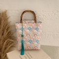 Chinese retro brocade bucket bag with bamboo handle and green tassel pendant - AB White