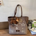 Bruine corduroy shopper met cartoon hondenborduring en bijpassende pluche hanger - Koffie met Hanger