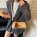 Beige rectangular shoulder bag with metal lock and colorful wooden beaded tassel - With Charm / Khaki