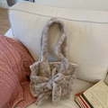 Chic beige plush shoulder bag featuring a large decorative bow and soft texture - Dark Coffee