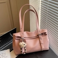 Grand sac cabas rose texture litchi avec pendentif ours à nœud à pois chic - Rose (Avec Pendentif)