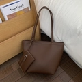 Detail of soft brown tote bag with white contrast stitching and matching pouch - Brown
