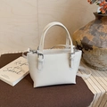Detail of white lychee leather bucket bag with dual handles and metal buckle on a brown base - White