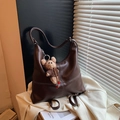 Dark brown faux leather tote bag with white contrast stitching and a cute bear charm - Coffee with Pendant