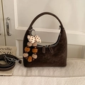 Dark coffee suede hobo dumpling bag with chic plush charm and adjustable strap - With Pendant / Coffee