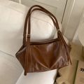 Deep brown soft leather tote bag with double shoulder straps and silver metal buckles - Brown