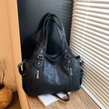 Bolso tote negro retro de gran capacidad con cremalleras dobles y herrajes plateados - Negro