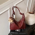 Deep red vintage hobo bag with knotted strap and cute plush bear charm decoration - With Charm / Burgundy