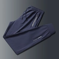 Men's navy blue quick-dry ice silk sport pants with elastic drawstring and zipper pockets - L / Jogger - Blue
