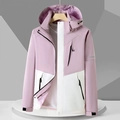 Women's pink and white outdoor windbreaker jacket with hooded design and zip pockets - 3XL / Women-Light Purple & Ivory White