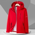 Waterproof red hooded windbreaker for couples with multiple zipper pockets and reflective logo - 3XL / Women-China Red